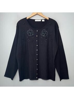 Vintage Chaus Cardigan Size Large Black Beaded Sequin Sweater Gothic Grandma